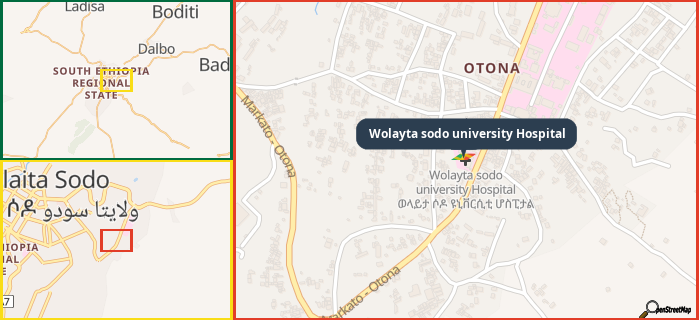 Map showing the address of Wolayta sodo university Hospital in three different zoom levels.