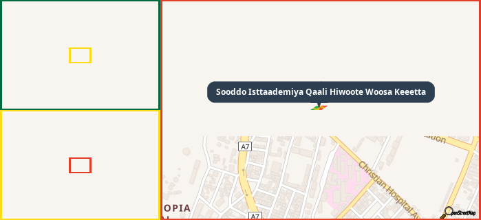 Map showing the address of Sooddo Isttaademiya Qaali Hiwoote Woosa Keeetta in three different zoom levels.
