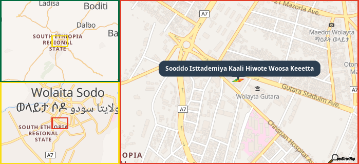 Map showing the address of Sooddo Isttademiya Kaali Hiwote Woosa Keeetta in three different zoom levels.