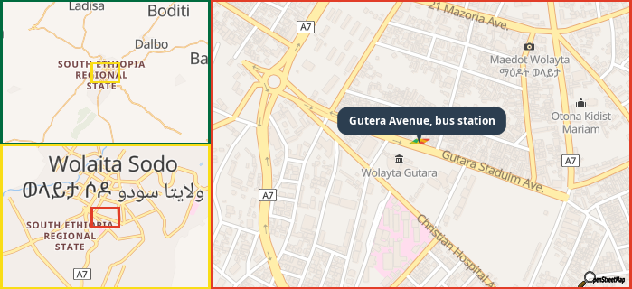 Map showing the address of Gutera Avenue, bus station in three different zoom levels.