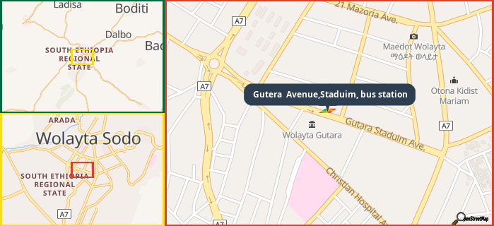 Map showing the address of Gutera  Avenue,Staduim, bus station in three different zoom levels.