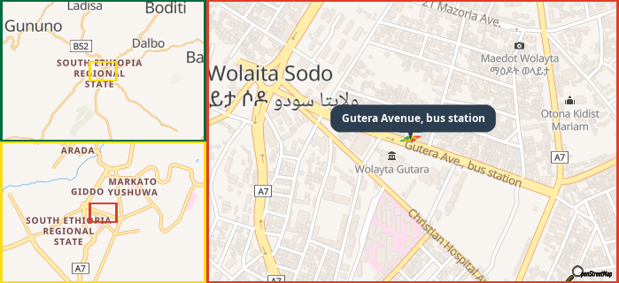 Map showing the address of Gutera Avenue, bus station in three different zoom levels.