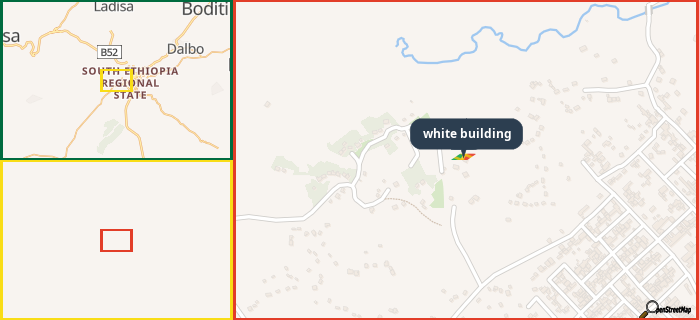 Map showing the address of white building in three different zoom levels.