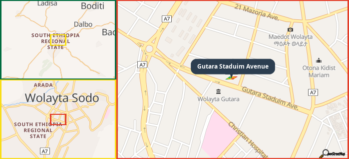 Map showing the address of Gutara Staduim Avenue in three different zoom levels.