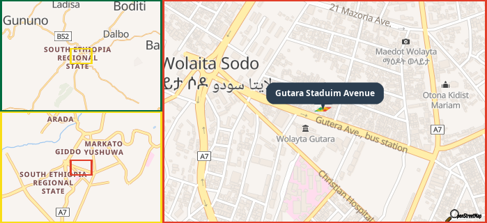 Map showing the address of Gutara Staduim Avenue in three different zoom levels.