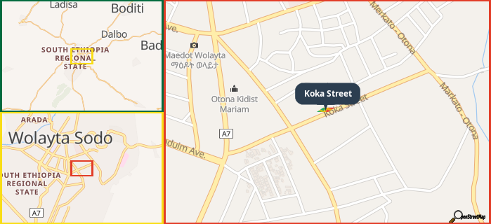 Map showing the address of Koka Street in three different zoom levels.