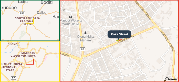 Map showing the address of Koka Street in three different zoom levels.