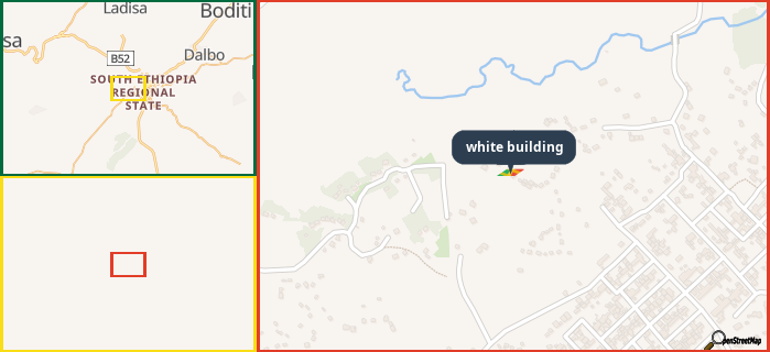 Map showing the address of white building in three different zoom levels.