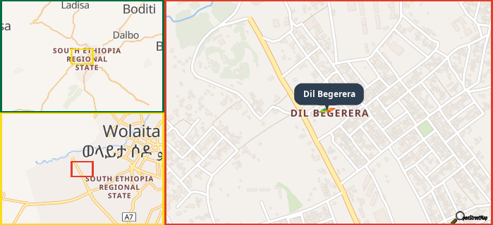 Map showing the address of Dil Begerera in three different zoom levels.