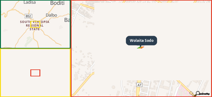 Map showing the address of Wolaita Sodo in three different zoom levels.