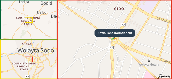 Map showing the address of Kawo Tona Roundabout in three different zoom levels.