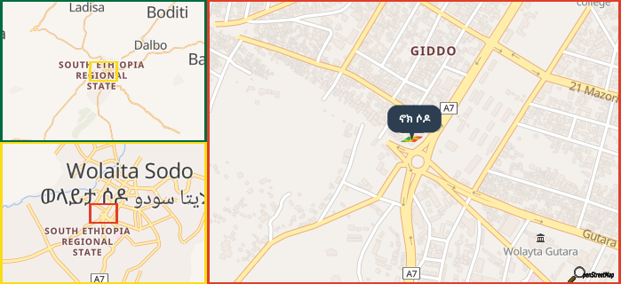 Map showing the address of ኖክ ሶዶ in three different zoom levels.