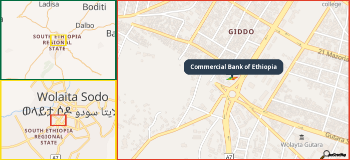 Map showing the address of Commercial Bank of Ethiopia in three different zoom levels.