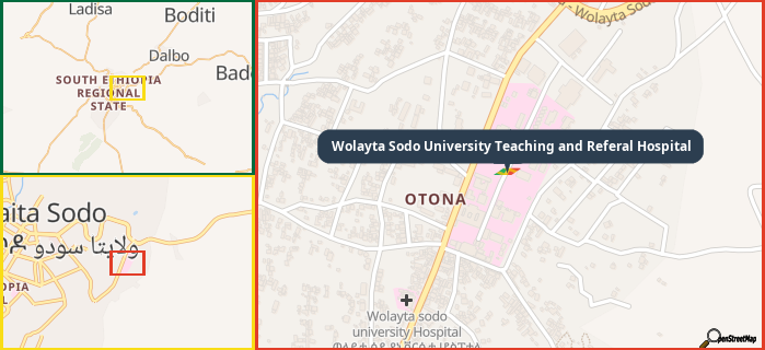 Map showing the address of Wolayta Sodo University Teaching and Referal Hospital in three different zoom levels.