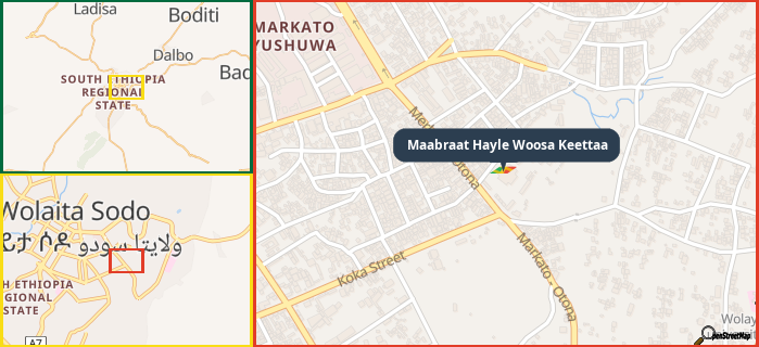 Map showing the address of Maabraat Hayle Woosa Keettaa in three different zoom levels.