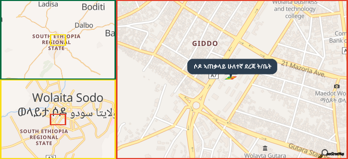 Map showing the address of ሶዶ ኣጠቃላይ ሁለተኛ ደረጃ ት/ቤት in three different zoom levels.