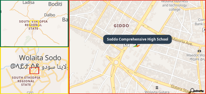 Map showing the address of Soddo Comprehensive High School in three different zoom levels.