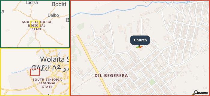 Map showing the address of Church in three different zoom levels.