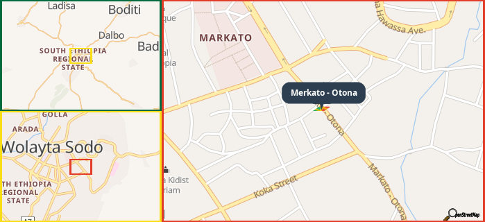 Map showing the address of Merkato - Otona in three different zoom levels.