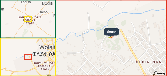 Map showing the address of church in three different zoom levels.