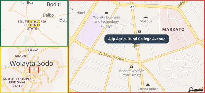 Map showing the address of Ajip Agricultural College Avenue in three different zoom levels.