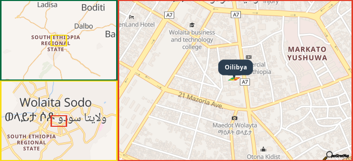 Map showing the address of Oilibya in three different zoom levels.