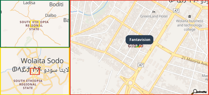 Map showing the address of Fantavision in three different zoom levels.