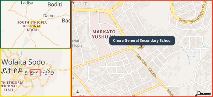 Map showing the address of Chora General Secondary School in three different zoom levels.