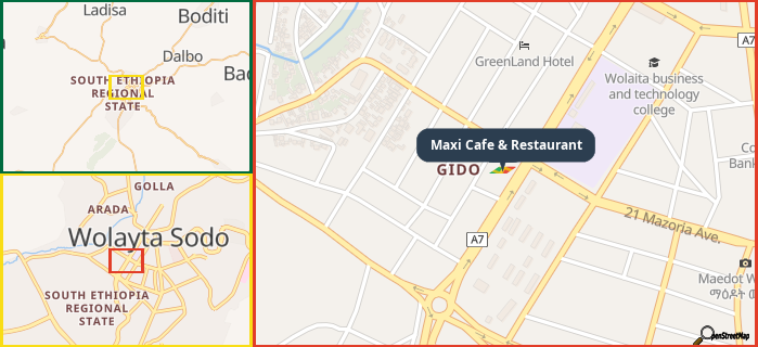 Map showing the address of Maxi Cafe & Restaurant in three different zoom levels.