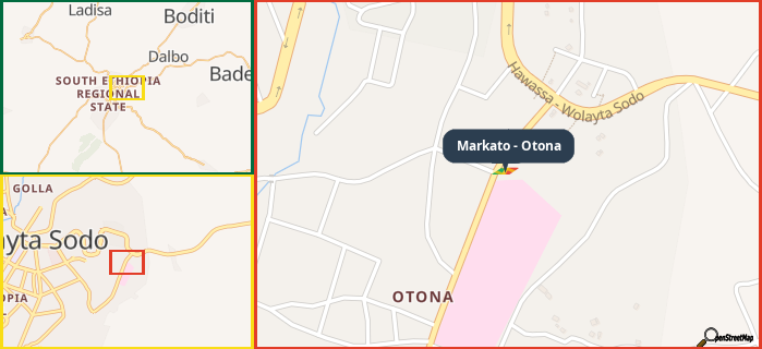 Map showing the address of Markato - Otona in three different zoom levels.