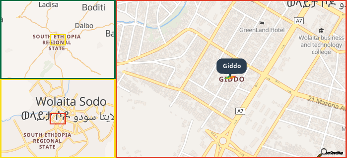 Map showing the address of Giddo in three different zoom levels.