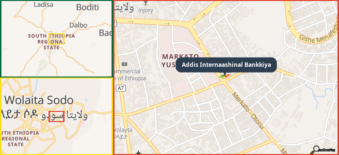 Map showing the address of Addis Internaashinal Bankkiya in three different zoom levels.