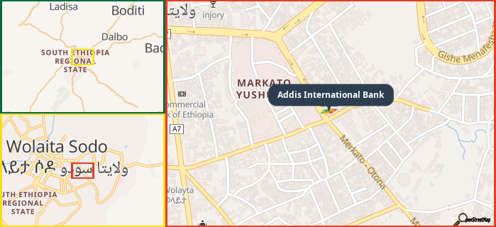 Map showing the address of Addis International Bank in three different zoom levels.
