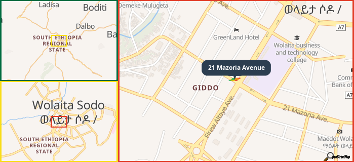 Map showing the address of 21 Mazoria Avenue in three different zoom levels.