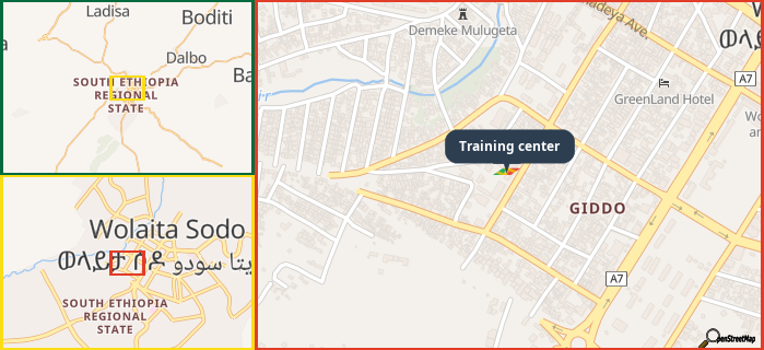 Map showing the address of Training center in three different zoom levels.