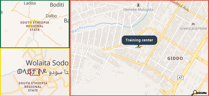 Map showing the address of Training center in three different zoom levels.