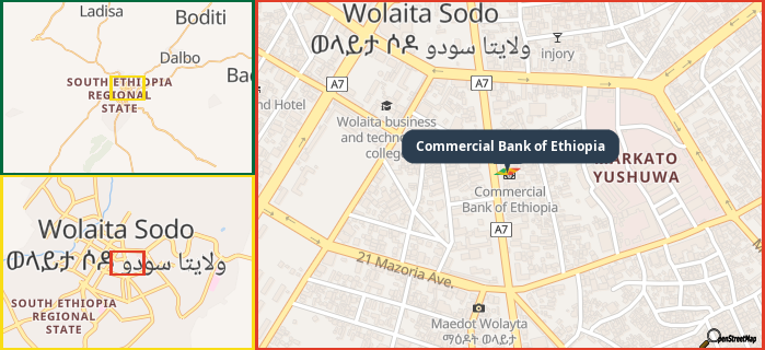 Map showing the address of Commercial Bank of Ethiopia in three different zoom levels.