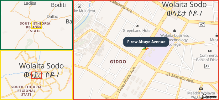 Map showing the address of Firew Altaye Avenue in three different zoom levels.