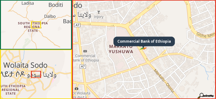 Map showing the address of Commercial Bank of Ethiopia in three different zoom levels.
