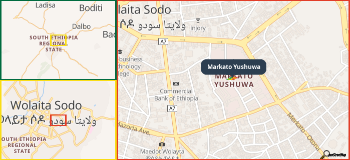 Map showing the address of Markato Yushuwa in three different zoom levels.