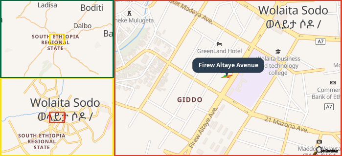 Map showing the address of Firew Altaye Avenue in three different zoom levels.