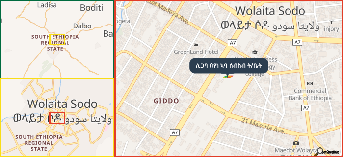 Map showing the address of ሊጋባ በየነ ኣባ ሰብስብ ት/ቤት in three different zoom levels.