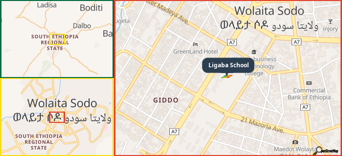 Map showing the address of Ligaba School in three different zoom levels.
