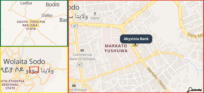 Map showing the address of Abysinia Bank in three different zoom levels.