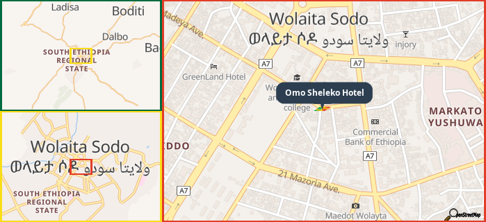 Map showing the address of Omo Sheleko Hotel in three different zoom levels.