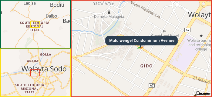 Map showing the address of Mulu wengel Condominium Avenue in three different zoom levels.