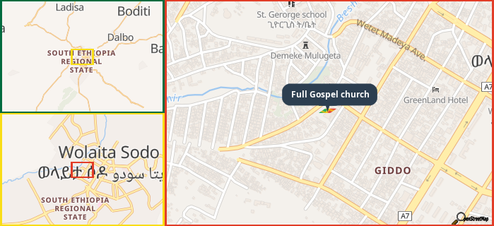 Map showing the address of Full Gospel church in three different zoom levels.