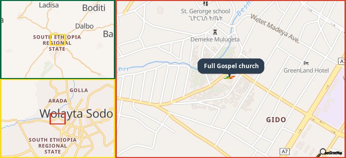 Map showing the address of Full Gospel church in three different zoom levels.