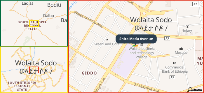 Map showing the address of Shiro Meda Avenue in three different zoom levels.