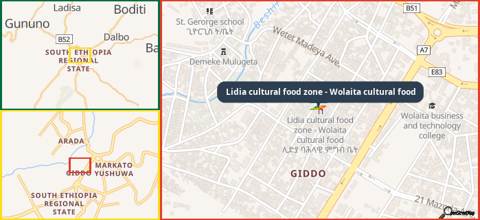 Map showing the address of Lidia cultural food zone - Wolaita cultural food in three different zoom levels.